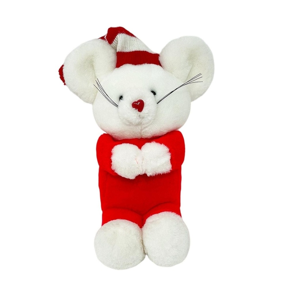 Vintage Excite White Mouse Plush Toy Red Heart Nose Stocking Sleeper Holiday 10"